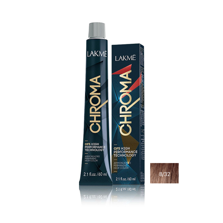 رنگ مو بدون آمونیاک لاکمه سری کروما شماره 8/32 ( بلوند طلایی یاسی روشن ) - Lakme Chroma Hair Color